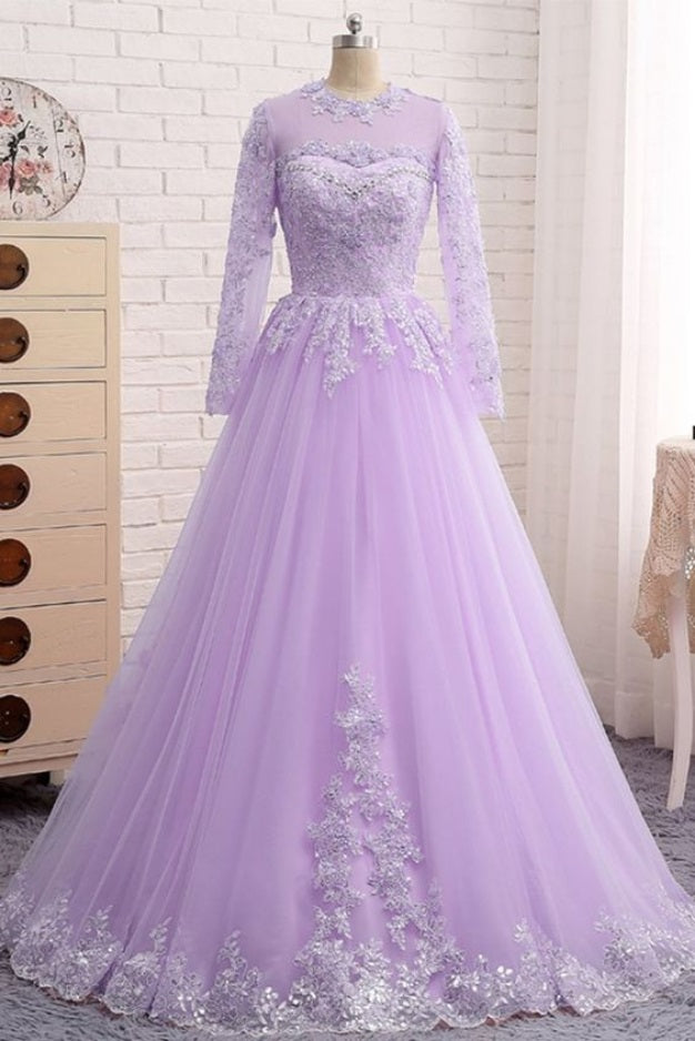 Modest Lilac Tulle Prom 8th Grade Dance Dress with Sleeves - Dollygown