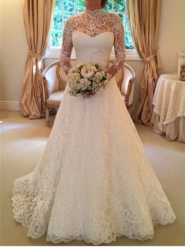 Modest Long Sleeve Wedding Dress Lace Wedding Dress with Sleeves WS065-Dolly Gown