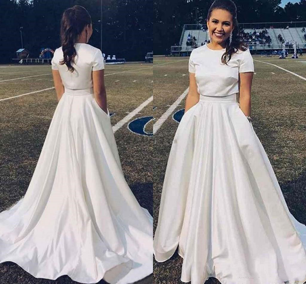 Modest Short Sleeves Two Piece Bridal Separates Crop Top Wedding Dress with  Pockets 20082678