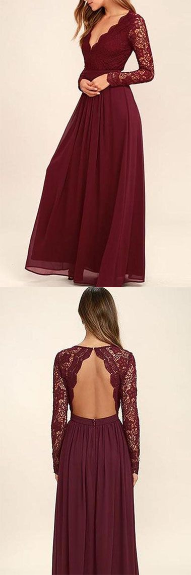 Modest Burgundy Lace Open Back Prom Dress Bridesmaid Dresses With Sleeves,GDC1082-Dolly Gown