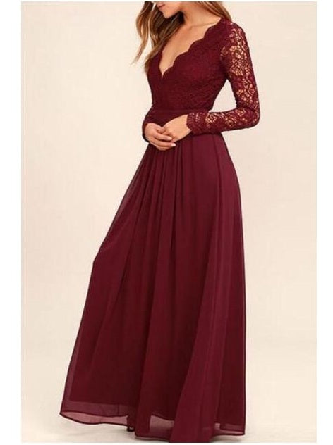 Modest Burgundy Lace Open Back Prom Dress Bridesmaid Dresses With Sleeves,GDC1082-Dolly Gown