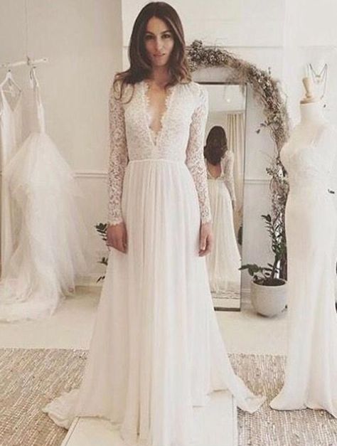 Modest Chiffon Long Lace Sleeve A-line Beach Wedding Dress Reception Dress GDC1102-Dolly Gown