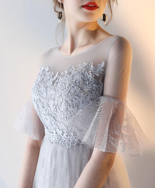 Modest Flowy Tulle Gray Romantic Prom Dress with Lace Top GDC1229-Dolly Gown