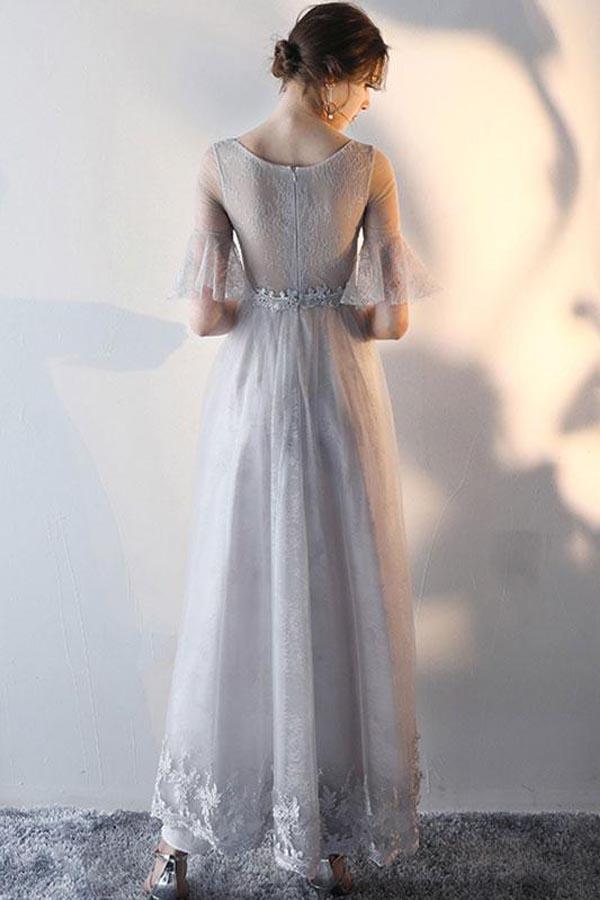 Modest Flowy Tulle Gray Romantic Prom Dress with Lace Top GDC1229-Dolly Gown