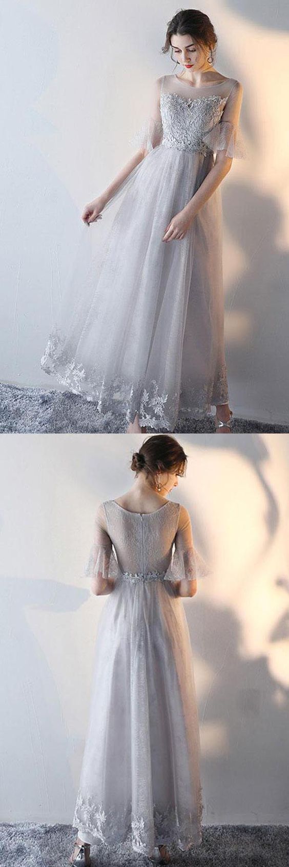 Modest Flowy Tulle Gray Romantic Prom Dress with Lace Top GDC1229 Modest Flowy Tulle Gray Romantic Prom Dress with Lace Top GDC1229