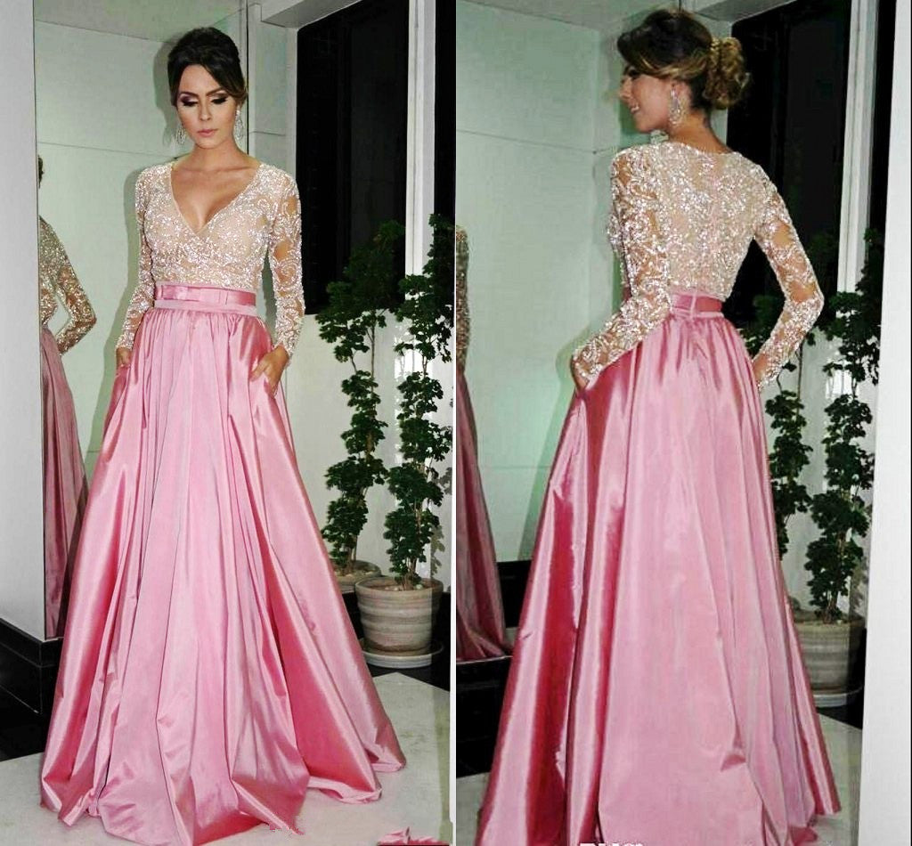 Modest Pink See Through Long Prom Dress with Sleeves,GDC1193-Dolly Gown
