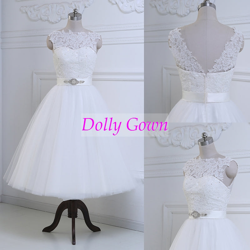 Modest Short Tea Length Lace Wedding Dress with Tulle Bottom Romantic 50s Wedding Dress DO002-Dolly Gown