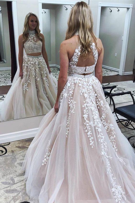 Modest Teens Long Prom Dress Freshman Two Piece Lace Tulle Formal Dress Modest Teens Long Prom Dress Freshman Two Piece Lace Tulle Formal Dress