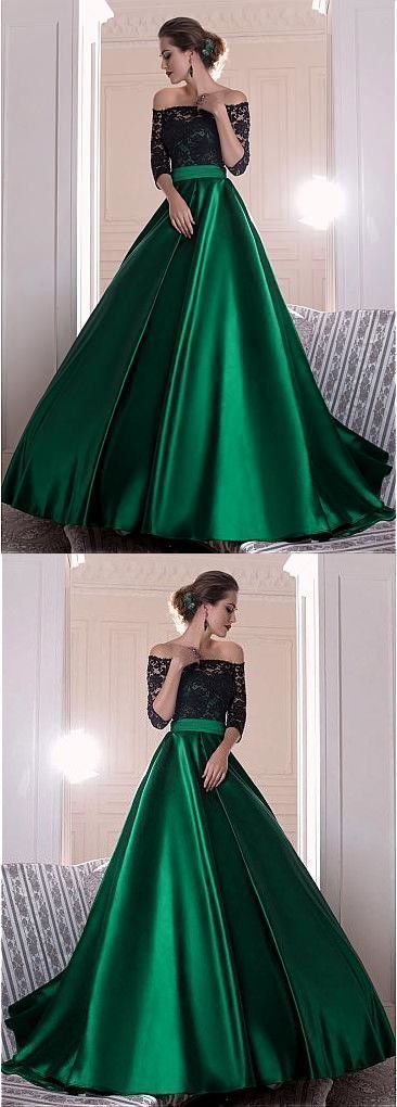Most Popular Hunter Green Off shoulders Long Prom Dress with Black appliques Most Popular Hunter Green Off shoulders Long Prom Dress with Black appliques