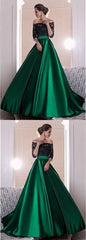 Most Popular Hunter Green Off shoulders Long Prom Dress with Black appliques,GDC1036-Dolly Gown