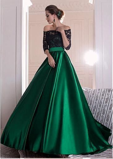 Most Popular Hunter Green Off shoulders Long Prom Dress with Black appliques,GDC1036-Dolly Gown