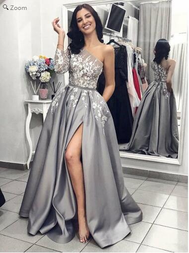 Most Popular One Shoulder Sleeves Slit Floral Lace Grey Formal Prom Dress with Pockets ,GDC1105-Dolly Gown