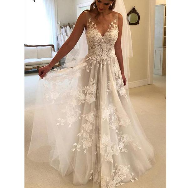 Most Popular Romantic V-neck Floral A-line Lace Wedding Dress,GDC1028-Dolly Gown