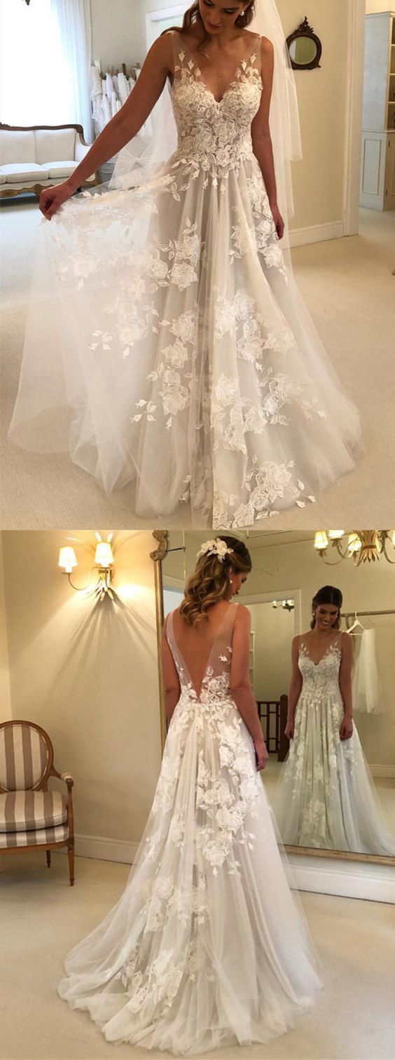 Popular Romantic V-neck Floral A-line Lace Wedding Dress Popular Romantic V-neck Floral A-line Lace Wedding Dress