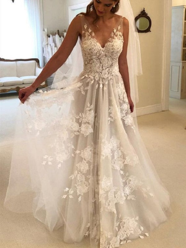 Most Popular Romantic V-neck Floral A-line Lace Wedding Dress,GDC1028-Dolly Gown