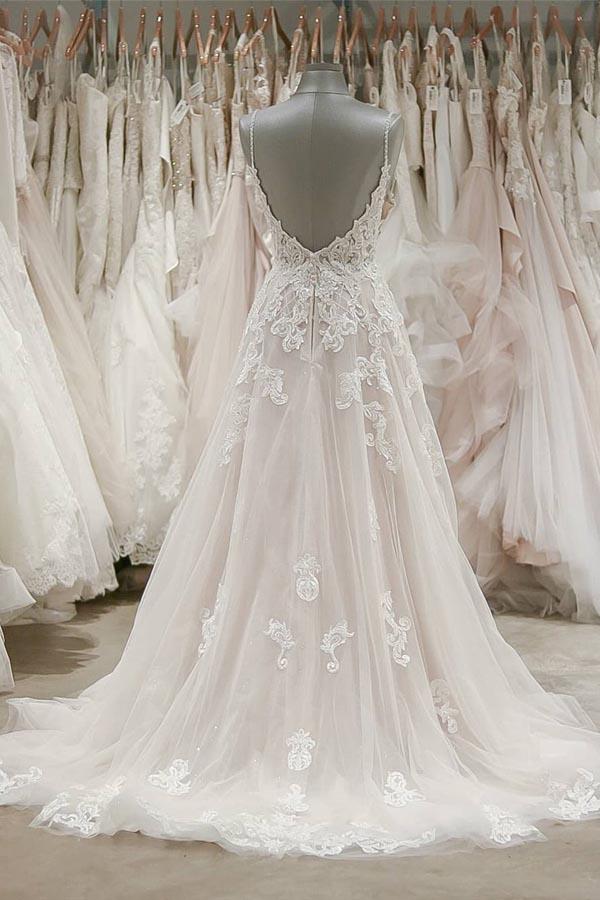 Most Stunning A-line Spaghetti Straps Lace Wedding Dress with Low Back GDC1030-Dolly Gown