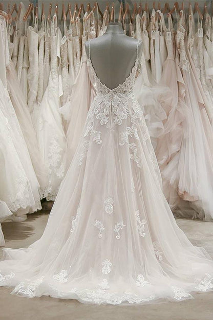 Most Stunning A-line Spaghetti Straps Lace Wedding Dress with Low Back GDC1030-Dolly Gown