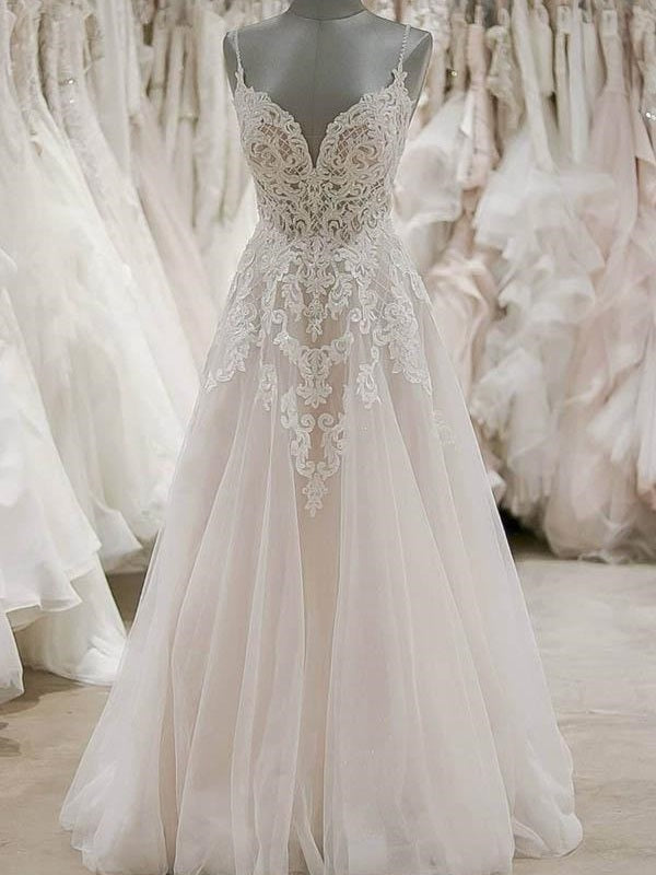 Most Stunning A-line Spaghetti Straps Lace Wedding Dress with Low Back GDC1030-Dolly Gown