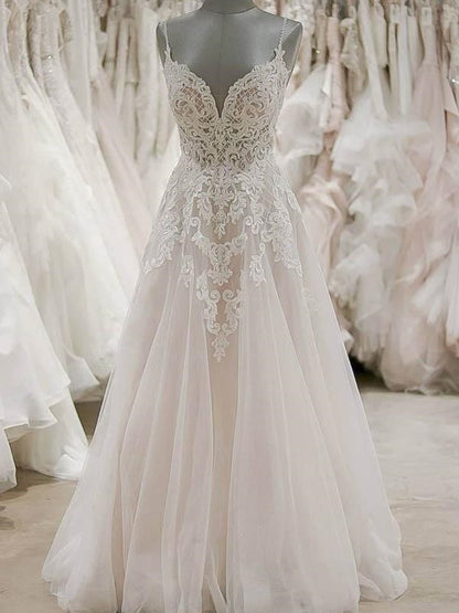 Most Stunning A-line Spaghetti Straps Lace Wedding Dress with Low Back GDC1030-Dolly Gown