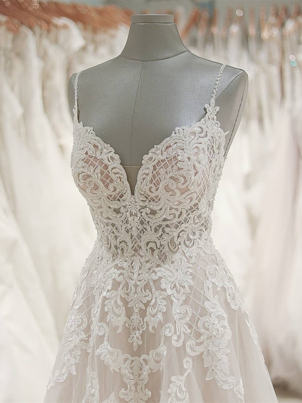 Most Stunning A-line Spaghetti Straps Lace Wedding Dress with Low Back GDC1030-Dolly Gown