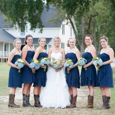 Navy Blue Country Style Strapless Chiffon Ruched Bridesmaid Dress with Boots,20081806-Dolly Gown