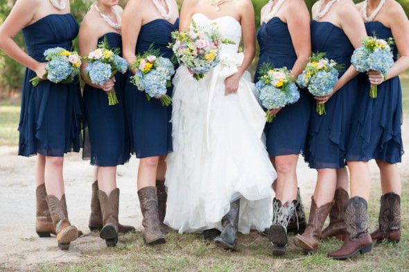 Navy Blue Country Style Strapless Chiffon Ruched Bridesmaid Dress with Boots Navy Blue Country Style Strapless Chiffon Ruched Bridesmaid Dress with Boots