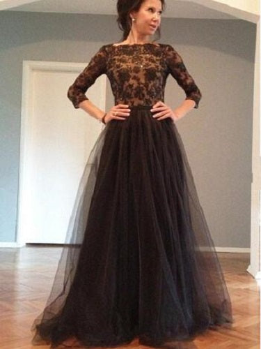 Navy Blue Prom Dress Lace Top Tulle Prom Drress with Sleeves MA106-Dolly Gown