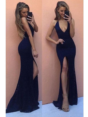 Navy Blue Sexy Slit Tight Bodycon Prom Dress with Slit GDC1252-Dolly Gown