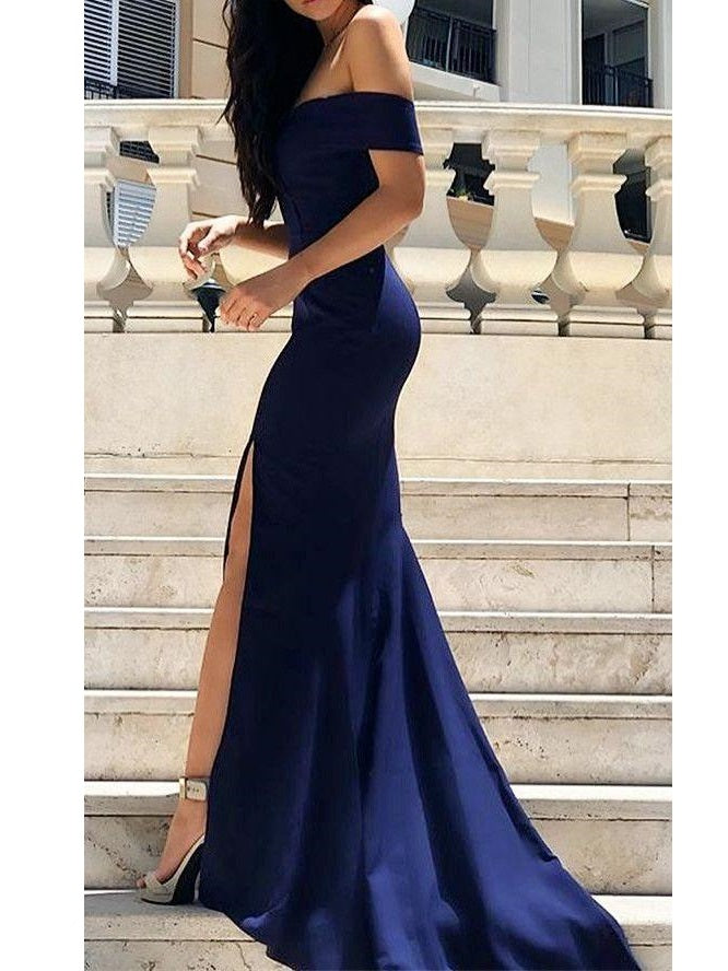 Navy Blue Stunning Off the Shoulder Bodycon Prom Dress with Slit,20081616-Dolly Gown