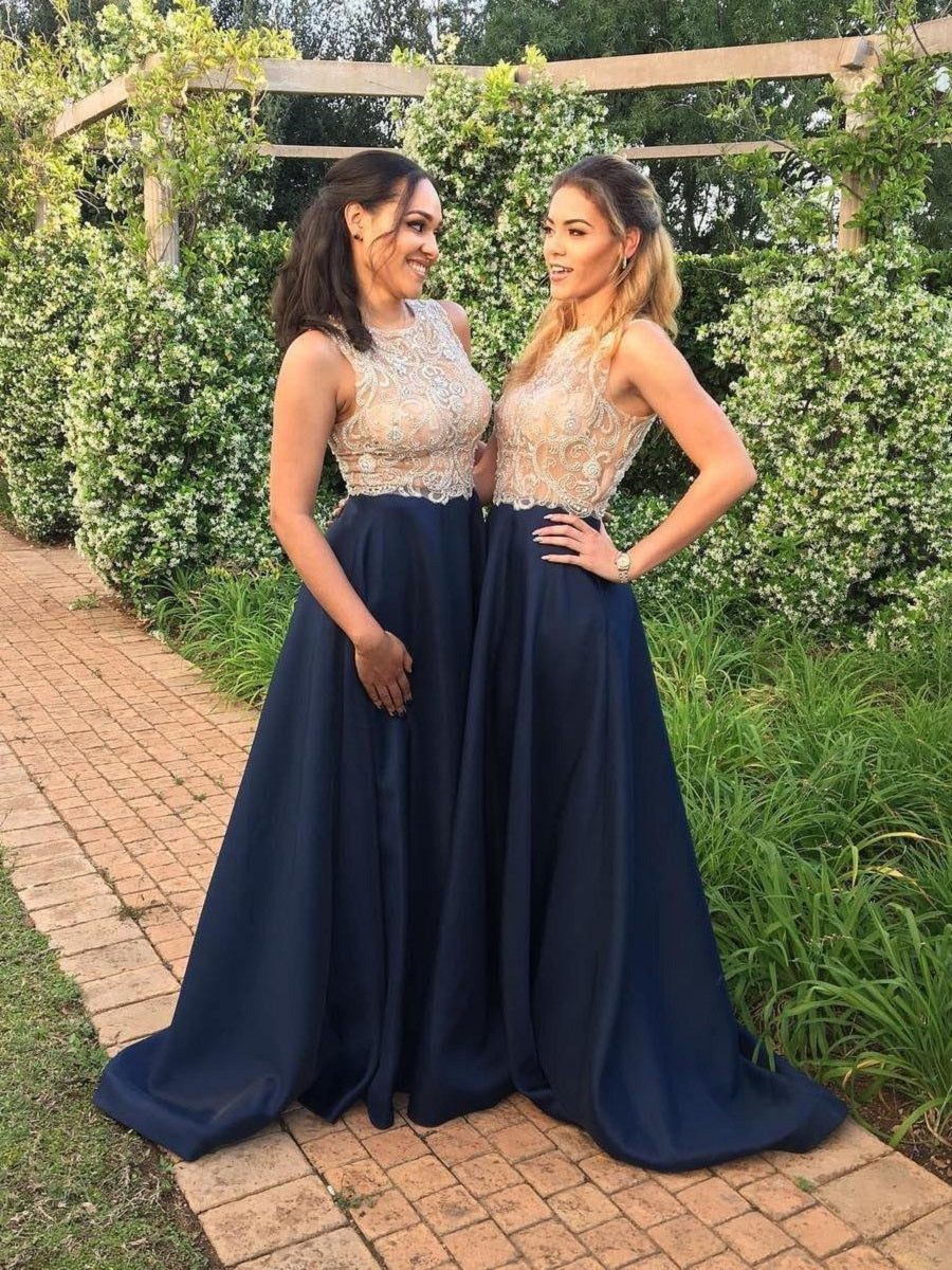 Navy Illusion Neck Long Satin Bridesmaid Dresses with Sheer Champagne Lace Top