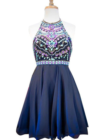 Navy Blue Homecoming Dress Short Prom Dress for Teens Beaded Prom Dress MA033-Dolly Gown