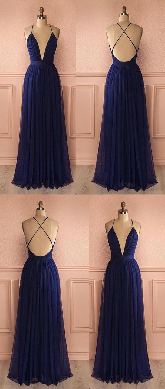 Navy Blue Flowy Tulle Long Plunge V neck Prom Dress Senior Graduation Formal Wear,GDC1171-Dolly Gown