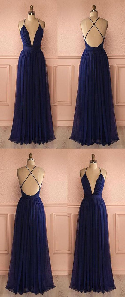 Navy Blue Flowy Tulle Long Plunge V neck Prom Dress Senior Graduation Formal Wear,GDC1171-Dolly Gown