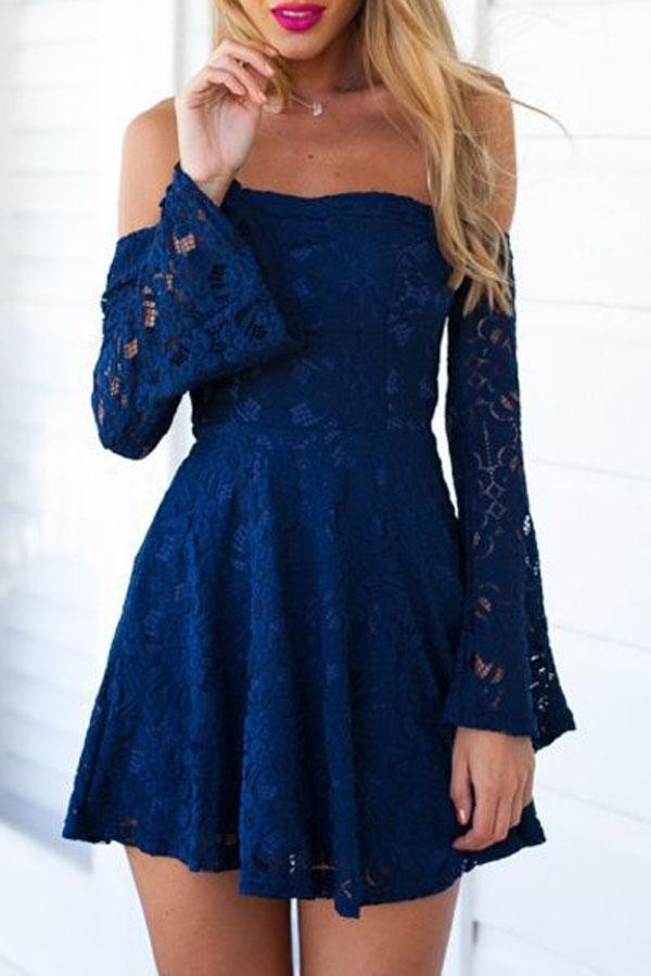 Navy Blue Lace Off Shoulders Short Prom Dress with Sleeves,Semi Formal Lace Dress,GDC1304-Dolly Gown
