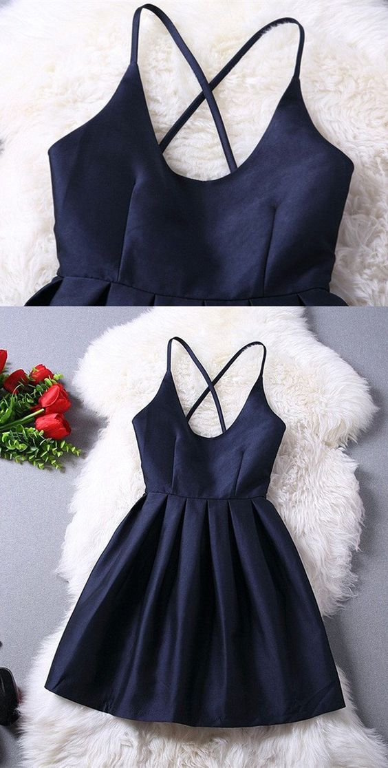 navy blue semi formal dresses Navy Blue Scoop Neck Cross Straps Semi Formal Dress Short Prom Dress GDC1290