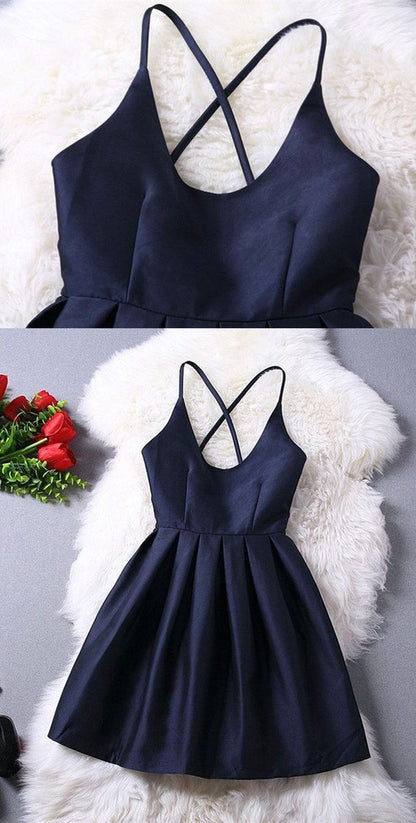 Navy Blue Scoop Neck Cross Straps Semi Formal Dress Short Prom Dress GDC1290-Dolly Gown