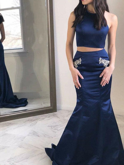 Navy Blue Two Piece Mermaid Halter Graduation Sweet 16 Prom Dress,GDC1238-Dolly Gown