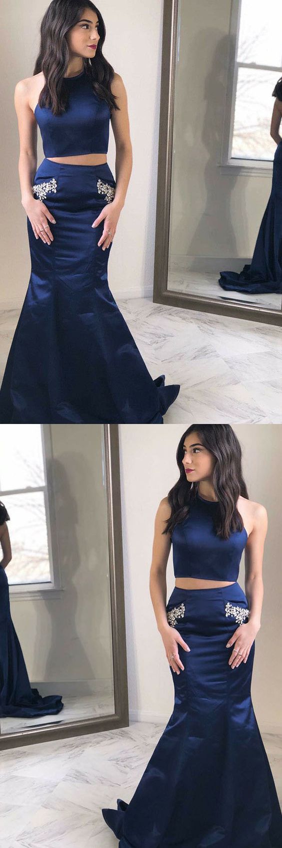 Navy Blue Two Piece Mermaid Halter Graduation Sweet 16 Prom Dress,GDC1238-Dolly Gown