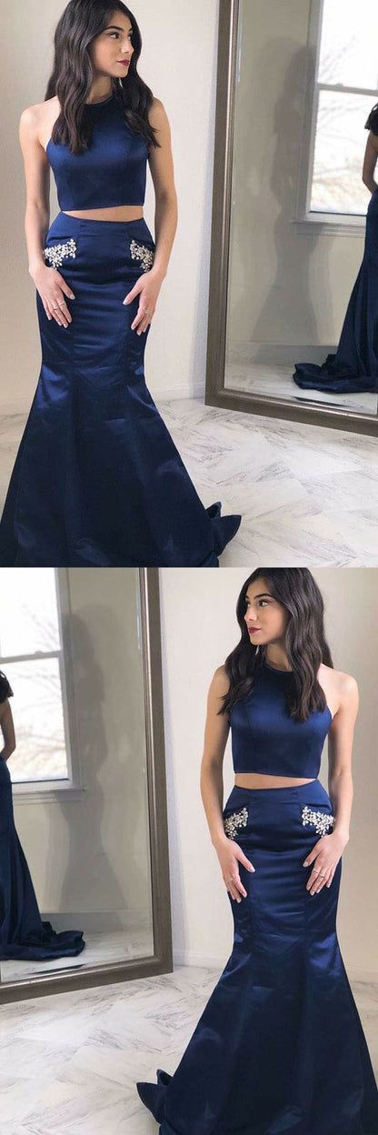Navy Blue Two Piece Mermaid Halter Graduation Sweet 16 Prom Dress,GDC1238-Dolly Gown