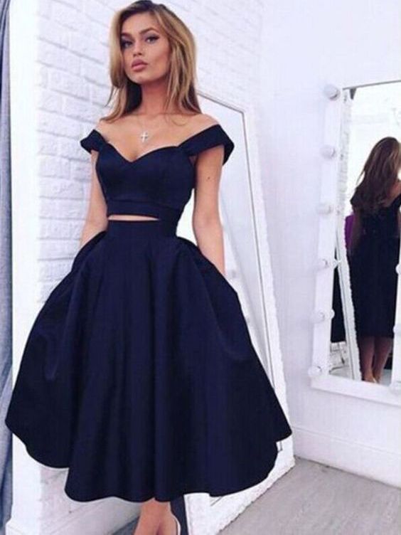 Navy Blue Short Two Piece Prom Dress Off Shoulder Simple Homecoming Dress for Freshman 20171202-Dolly Gown