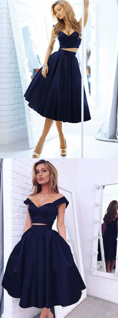 Navy Blue Short Two Piece Prom Dress Off Shoulder Simple Homecoming Dress for Freshman 20171202-Dolly Gown