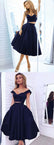 Navy Blue Short Two Piece Prom Dress Off Shoulder Simple Homecoming Dress for Freshman 20171202