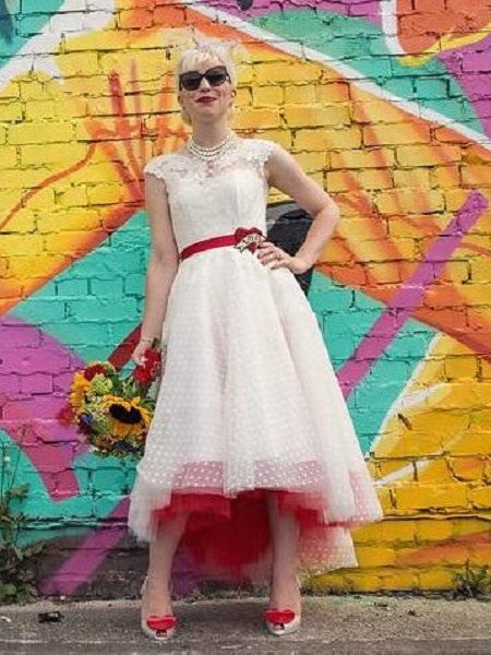 New Arrival Polka Dot Lace Appliques Tea Length Rustic Country Wedding Dress,20101616-Dolly Gown