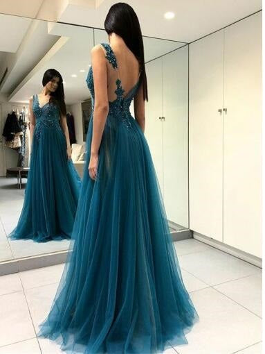 New Arrival Tulle Teal Green V neck A line Occasion Prom Dress with Side Slit GDC1101