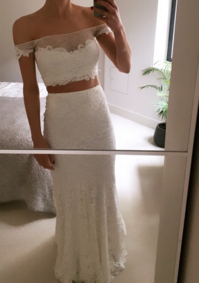 Boho Two Piece Lace Sheath Wedding Dress-DollyGown