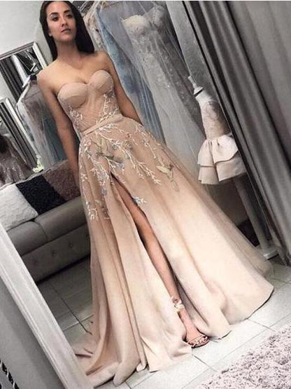 New Arrival Side Slit Strapless Champagne Prom Dress Special Occasion Dress GDC1069-Dolly Gown