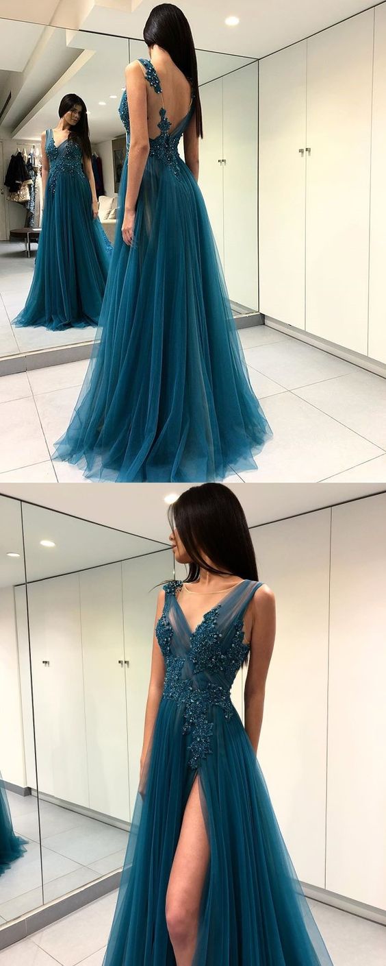 New Arrival Tulle Dusty Blue V neck A line Occasion Prom Dress with Side Slit GDC1101-Dolly Gown