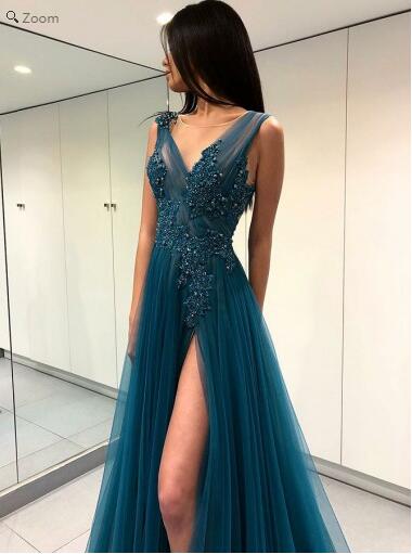 New Arrival Tulle Dusty Blue V neck A line Occasion Prom Dress with Side Slit GDC1101-Dolly Gown