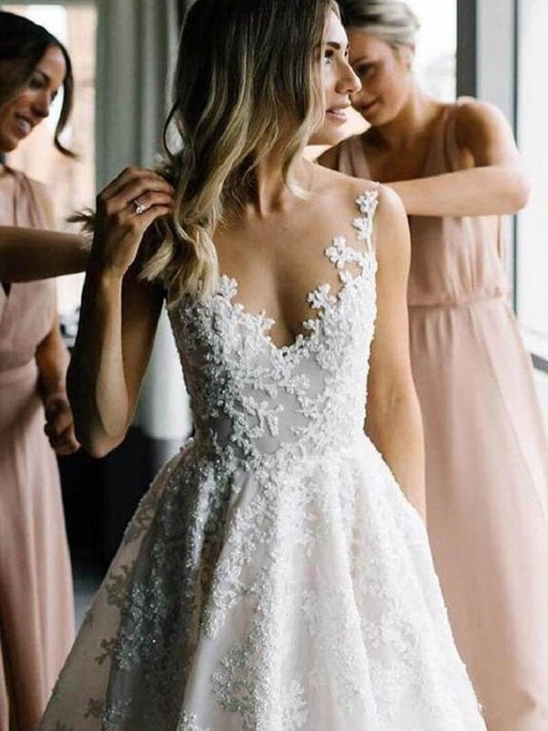 New Arrival V-neck Floral Organza Lace Bridal Dress Wedding Dress A-line GDC1235-Dolly Gown