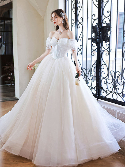 Off The Shoulder Ball Gown Princess Wedding Dress - DollyGown